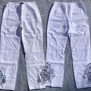 Vintage Designer Quality Ann Taylor white linen pants w/ black floral embroidery